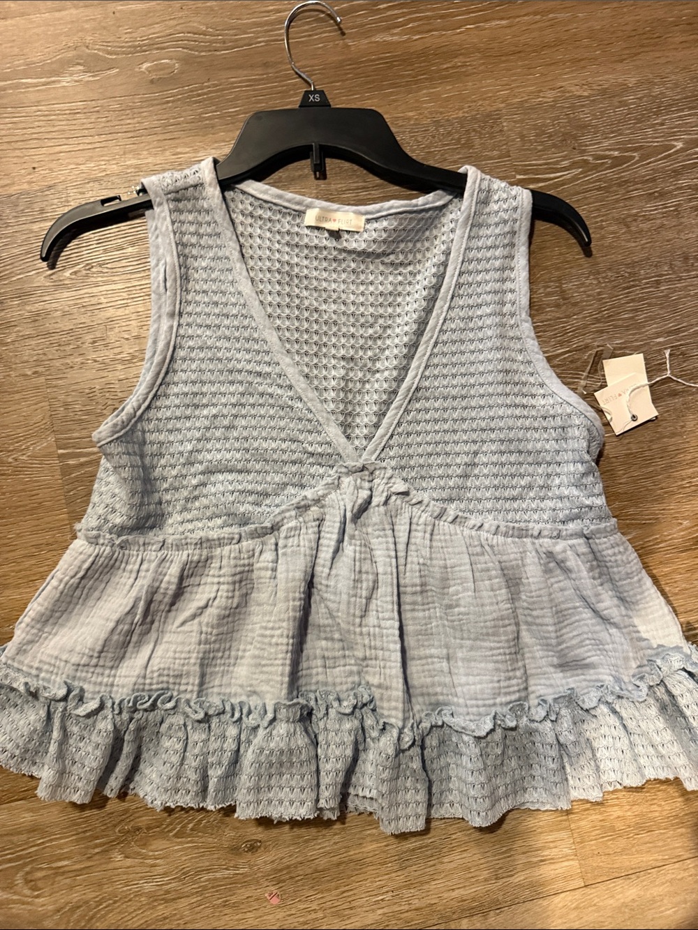 Size Medium Ultra Flirt Light Blue Smocked V-Neck Ruffled Tank